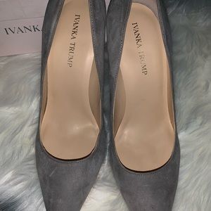 Gray suede pumps.